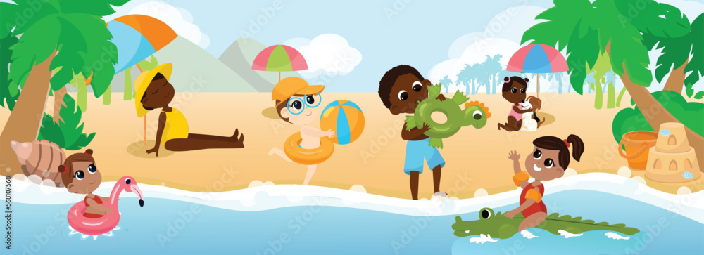 A multicultural group of children play on the beach, frolic with a dog, swim in inflatable rings and inflatable armlets and inflate a swim ring. Children are happy and cheerful. A multicultural group of children play on the beach, frolic with a dog, swim in inflatable rings and inflatable armlets and inflate a swim ring. Children are happy and cheerful.
