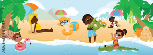 A multicultural group of children play on the beach  frolic with a dog  swim in inflatable rings and inflatable armlets and inflate a swim ring. Children are happy and cheerful.