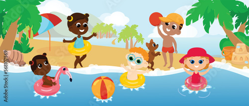On the tropical shore, a multicultural group of children have fun and play and swim in swimming circles. Horizontal banner in cartoon style. © Kateryna Polishchuk