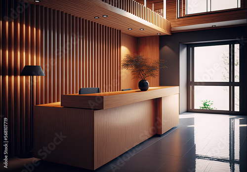 Japanese hotel design, reception desk, wood. Generative AI