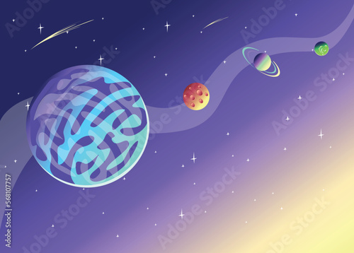 Space background with the image of multicolored planets in the starry sky in cartoon style and copy space for text. Space landscape. Vector illustration.