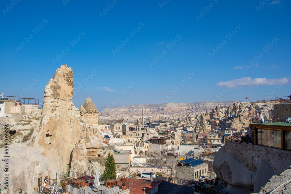 Various formations of rock in the town of Goreme in Turkey.
