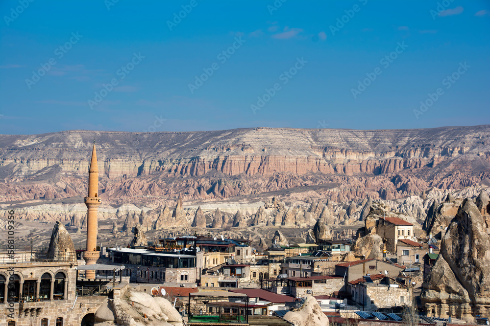 The town of Goreme in the Cappadocia region of central Turkey.
