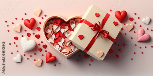 Saint Valentine's banner concept. 3D rendering style heart shaped box with confetti. Pink and red colors. Generative AI illustration