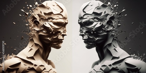 Abstract 3D render of two people against each other. Opposition, debate concept. Generative AI illustration