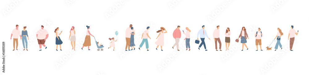 Obraz premium People silhouette crowd. Background people vector horizontal banner. Men and women, parents, kids walking outdoor