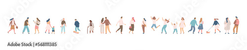 People silhouette crowd. Background people vector horizontal banner. Men and women, parents, kids walking outdoor