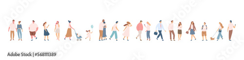 People silhouette crowd. Background people vector horizontal banner. Men and women, parents, kids walking outdoor