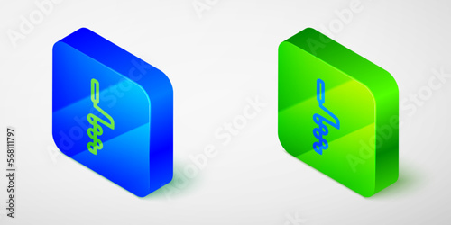 Isometric line Hand ice drill for winter fishing icon isolated on grey background. Blue and green square button. Vector