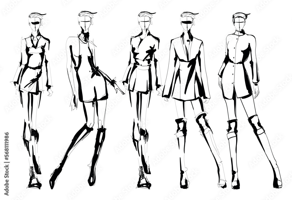 Set of young beautiful women in stylish clothes. Sale concept. Hand-drawn fashion illustration. Fashion sketch. Set of young beautiful women in stylish clothes. Sale concept. Hand-drawn fashion illustration. Fashion sketch.