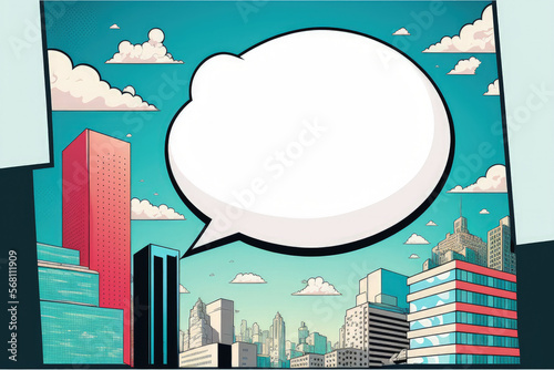 Utilizing bubble chat, business analysis, and strategy as concepts, a blank area for text is displayed against a city and sky background. Generative AI