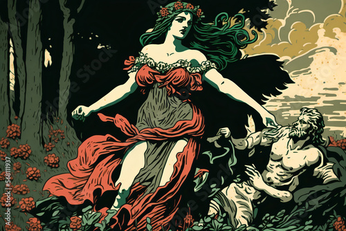 the myth of the Rape of Persephone from Greek mythology. The image shows the god of the underworld, Hades, kidnapping Persephone, the daughter of Demeter. Generative AI,