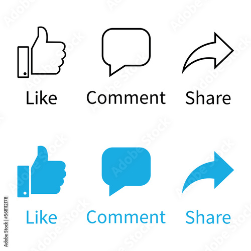 Social media icon set. Like, comment and share button. Vector illustration.