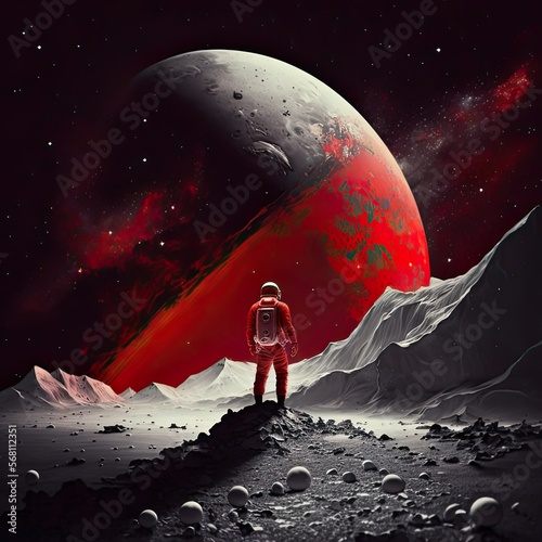 Fotomurale Astronaut Standing on White Planet Looking Up at Red and Black Planet
