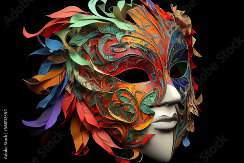 multi-colored carnival mask assembled from a large number of small parts, inspired by the renaissance era