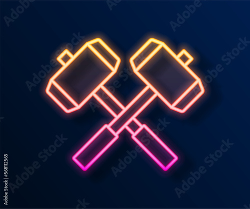 Glowing neon line Medieval crossed battle hammers icon isolated on black background. Vector