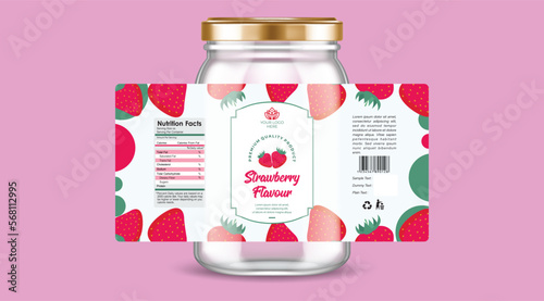 Strawberry food label design, strawberry jam packaging, fruit jam, strawberry flavor ice cream label, berry juice packaging design, strawberry label with a glass jar, and golden cap illustration