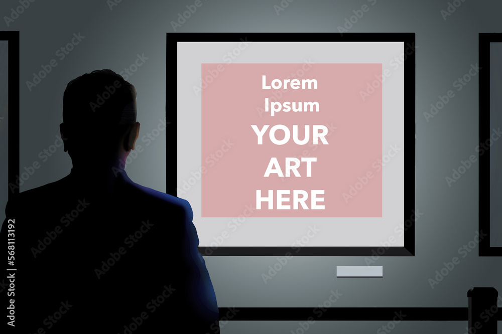 This is a 3-d illustration about art in art galleries and museum showing a man looking at a frame that can be used with any art pasted into the image. This is a 3-d illustration about art in art galleries and museum showing a man looking at a frame that can be used with any art pasted into the image.