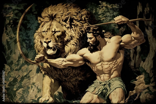 The illustration depicts Hercules, the Greek mythological hero, as he faces the Nemean Lion, his first labor. Hercules is depicted with his club, ready to face the fearsome beast. Generative AI.