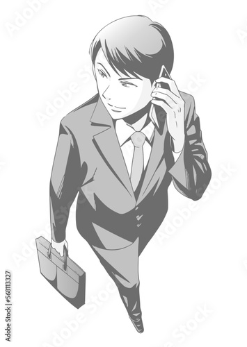 イケメンビジネスマン：携帯を持つ男性, グレー単色バージョン