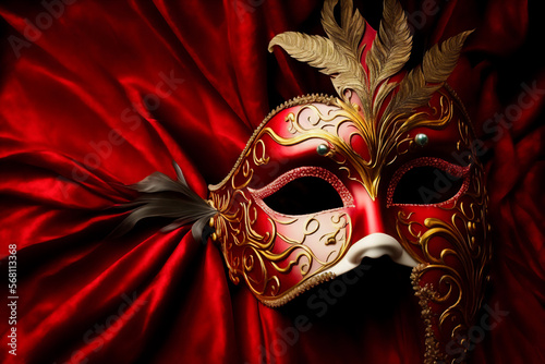 Red luxury carnival mask on a velvet background. Generative AI