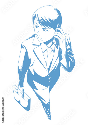 イケメンビジネスマン：携帯を持つ男性, 線画バージョン(ブルー)