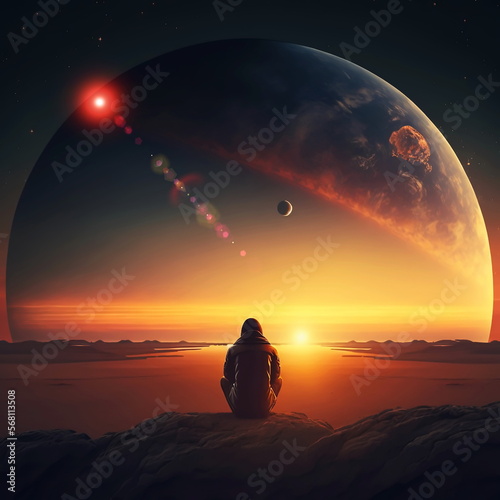  earth and moon on sunset    night alien planet space starry sky flares cosmic fantastic background generated ai