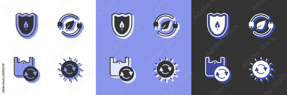 Set Solar energy panel, Shield with leaf, Shopping bag recycle and Electric saving plug icon. Vector