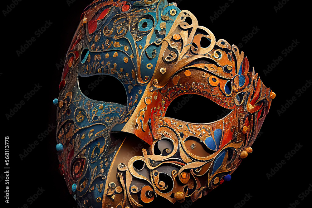 multi-colored carnival mask assembled from a large number of small parts, inspired by the renaissance era