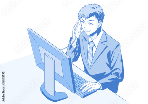イケメンビジネスマン：電話応対をする男性, ブルーバージョン