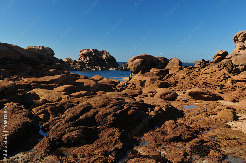 Obraz premium Giant Boulders On The Beautiful Red Rock Coast In Ploumanach In Bretagne France On A Beautiful Sunny Summer Day With A Clear Blue Sky