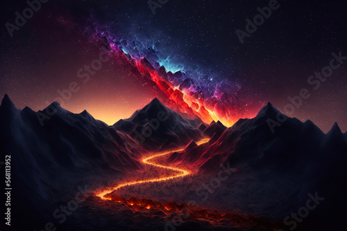Night landscape with colorful Milky Way and yellow light at mountains. Starry sky with hills at summer. Beautiful Universe. Space background. Generative AI