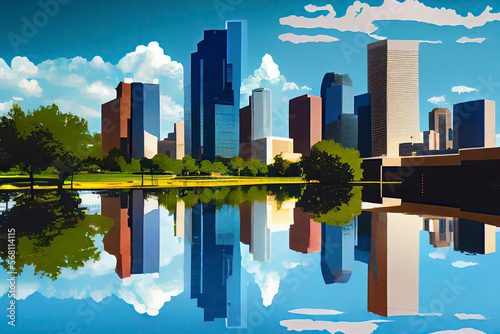 Houston Skyline with Color Buildings, Blue Sky and Reflections