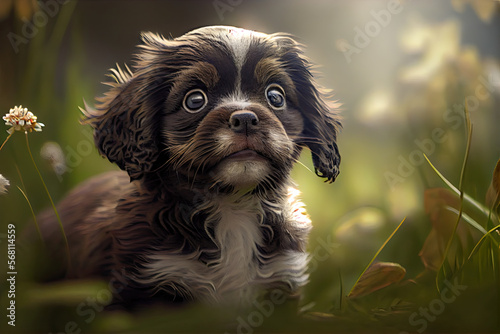 Drentsche Patijshind puppy playing in the garden, generative AI photo