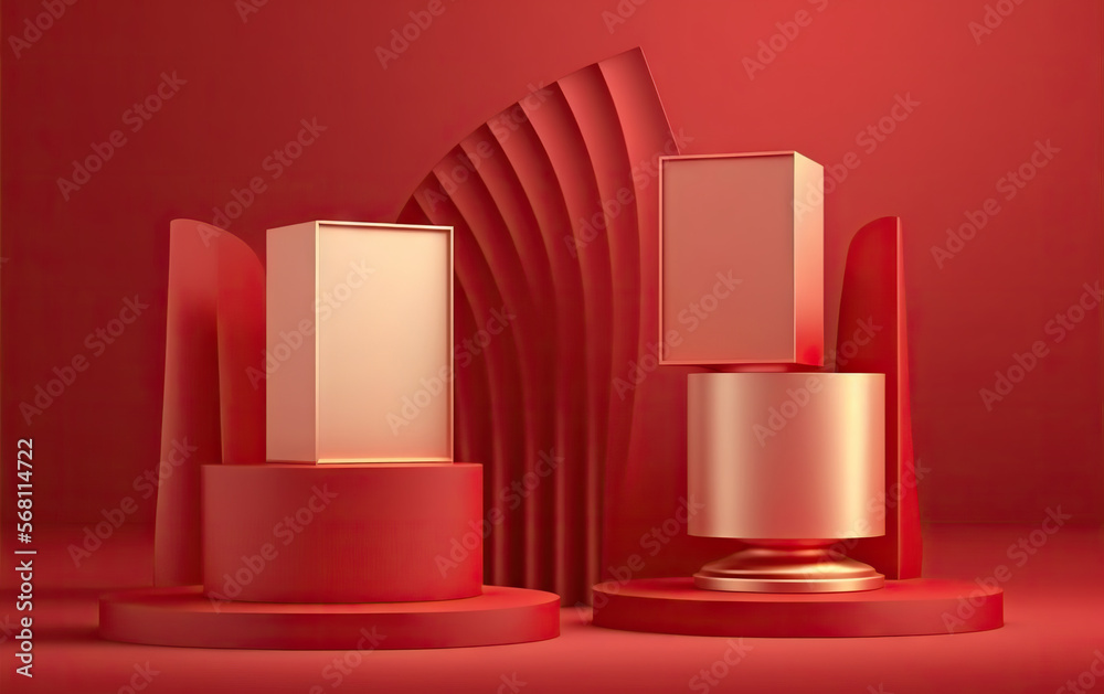 Red background for beauty products with a podium and a pedestal for product photography. Ideal shapes to highlight the merits of your product or logo. Based on Generative AI Red background for beauty products with a podium and a pedestal for product photography. Ideal shapes to highlight the merits of your product or logo. Based on Generative AI
