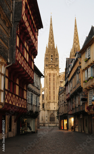 View To The Saint Corentin Church In The Historic District In Quimper Bretagne France On A Beautiful Summer Evening