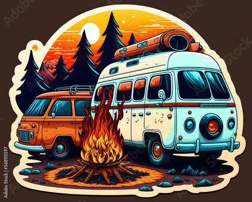 two retro camper vans around campfire in forest - cartoonish sticker, neural network generated art. Digitally generated image. Not based on any actual person, scene or pattern.