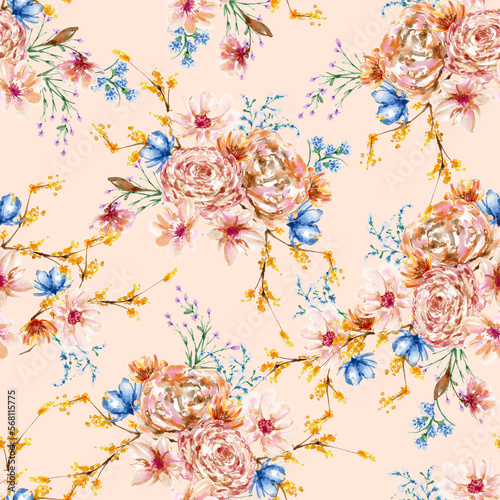 Garden Watercolour Floral Seamless Pattern  Hand painted Watercolour  Wildflowers  Twigs  Leaves  Buds. Design for fashion   fabric  textile  wallpaper  cover  web   wrapping and all prints 