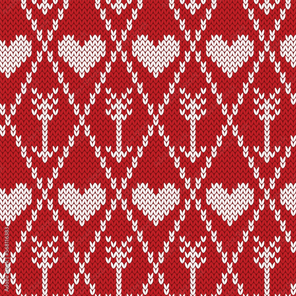 Argyle with heart and arrow knitted seamless pattern. Red and white jacquard background. Vector illustration.