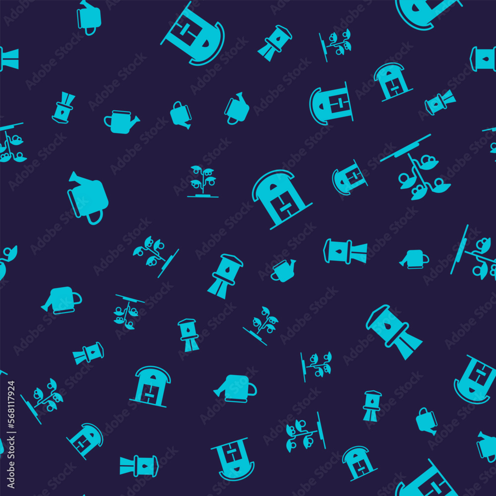 Set Watering can, Sprout, Farm house and tower on seamless pattern. Vector