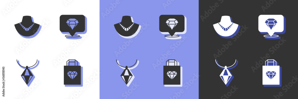 Set Shopping bag jewelry, Necklace on mannequin, Pendant necklace and Diamond icon. Vector Set Shopping bag jewelry, Necklace on mannequin, Pendant necklace and Diamond icon. Vector