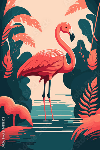 Flamingo in tropical jungle. Vector illustration in flat cartoon style