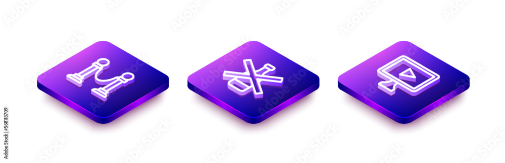 Fototapeta premium Set Isometric line Rope barrier, No alcohol and Online play video icon. Vector