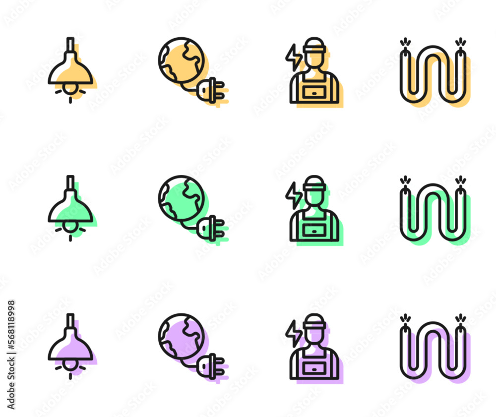 Set line Electrician, Lamp hanging, Global energy planet with plug and cable icon. Vector Set line Electrician, Lamp hanging, Global energy planet with plug and cable icon. Vector