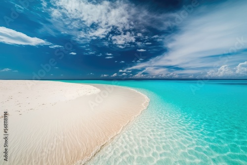 Beautiful sandy beach with white sand and rolling calm wave of turquoise ocean on Sunny day on background white clouds in blue sky. Island in Maldives, colorful perfect natural landscape - generative 