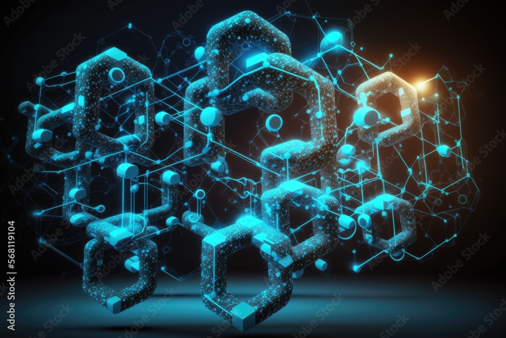Blockchain crypto technology symbolizing chain of block in digital ledger for cryptocurrency like bitcoin or ethereum. Data security and encryption. Connected nodes, fintech.  - generative ai