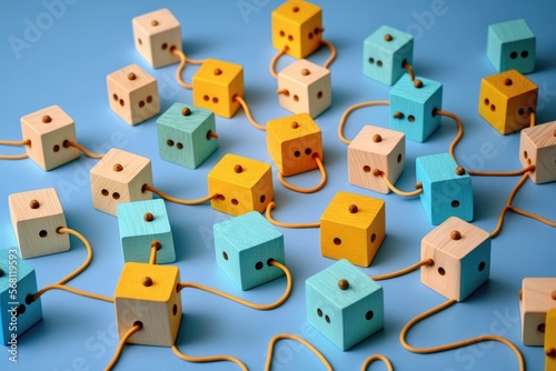 Social media networking. Network with members connected with each other. Communication, teamwork, community, society. Abstract concept with wooden pieces on blue background - generative ai