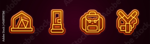 Set line Tourist tent, Cartridges, Hiking backpack and Slingshot. Glowing neon icon. Vector