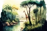 Watercolor painting style, landscape on an African tropical forest - generative ai