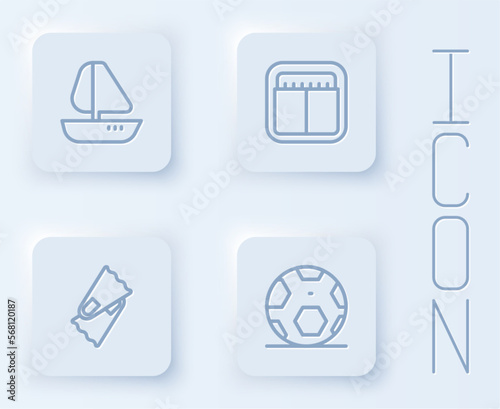 Set line Yacht sailboat, Sport mechanical scoreboard, Flippers for swimming and Soccer football ball. White square button. Vector